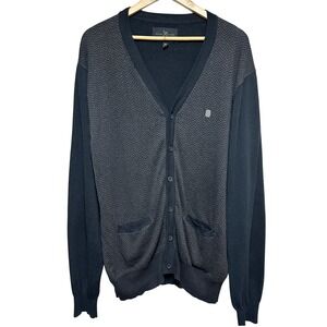 Marc Ecko Cut & Sew Mens XL Black Herringbone V-Neck Button Cardigan Sweater Dad